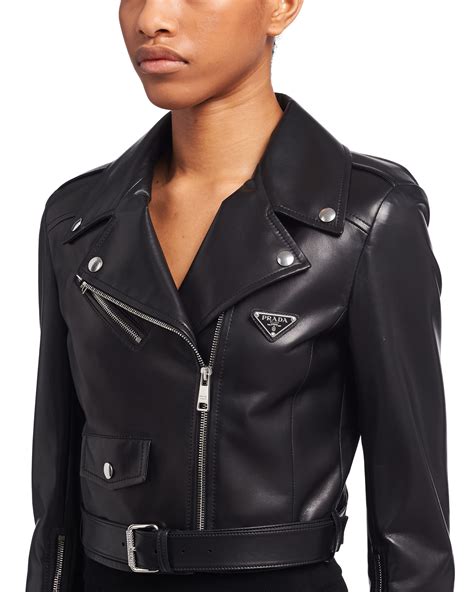 prada leather jacket woman|Prada leather biker jacket.